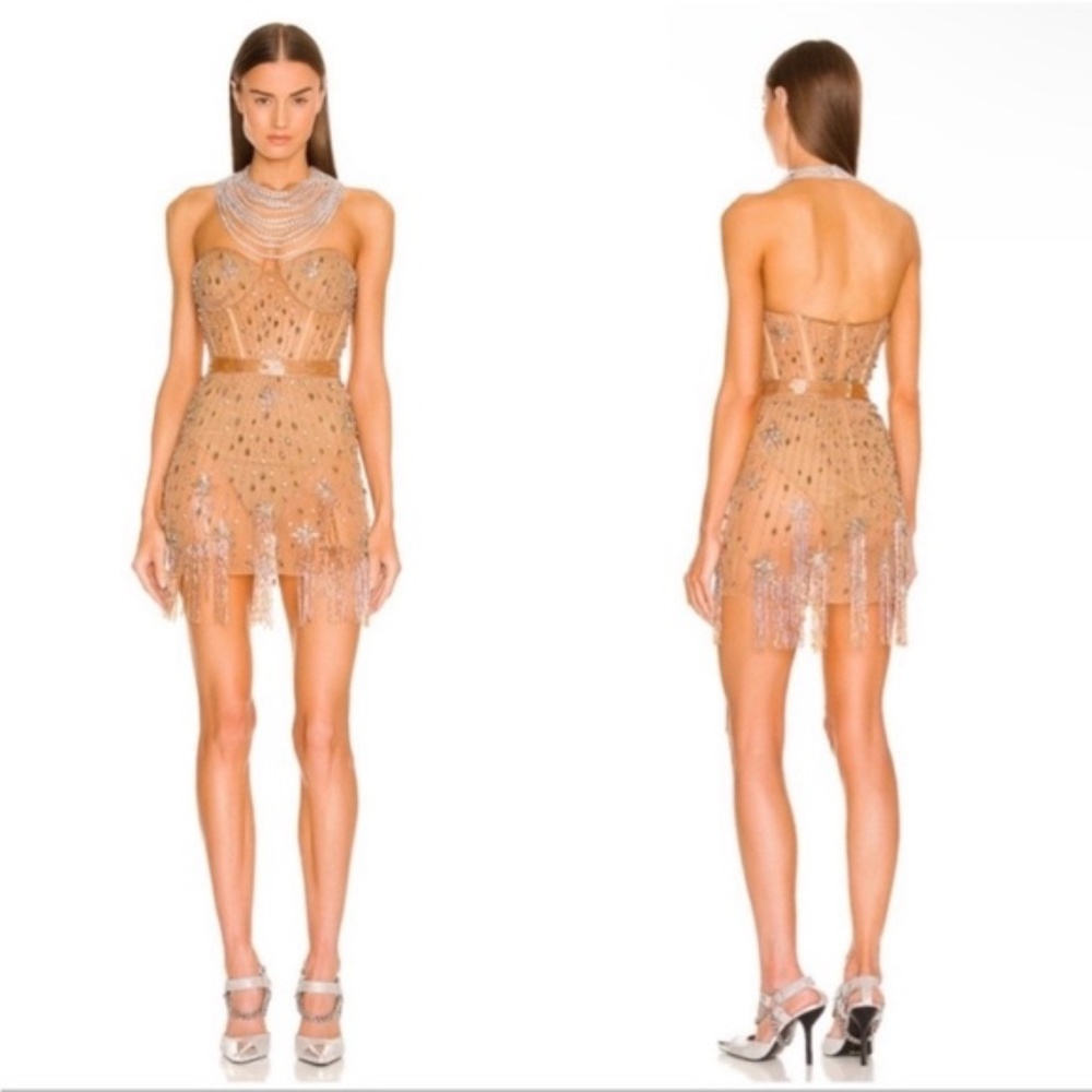 DUNDAS x REVOLVE Marilyn Embellished Mini Dress in Gold size L NWT